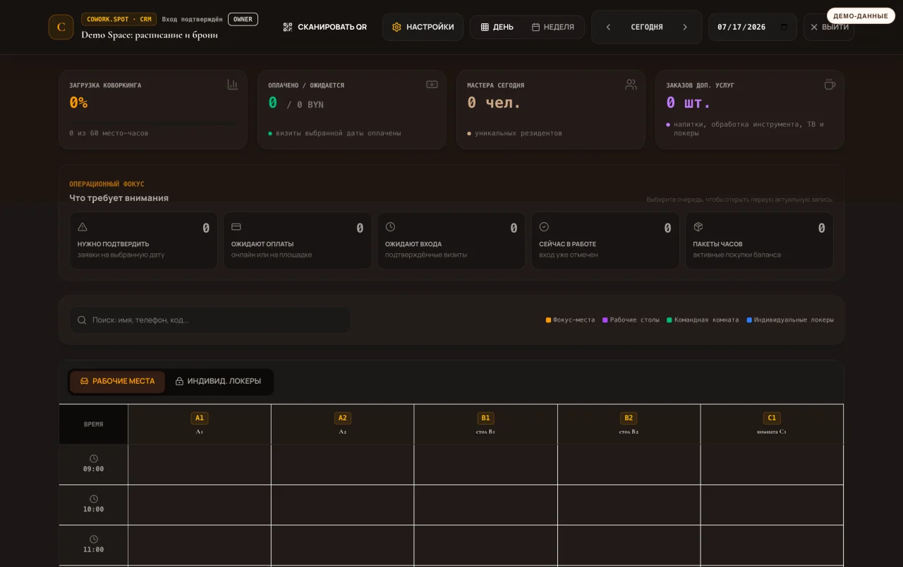 CRM cowork.spot с расписанием, загрузкой и рабочими действиями команды